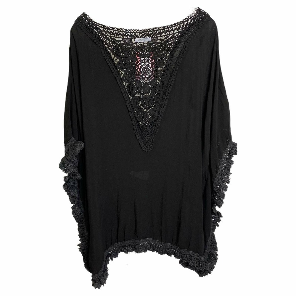 Aquavita Resort Women's Cover Up Boho Knit Crochet Black Kimono Sleeve‎ OS NWT
